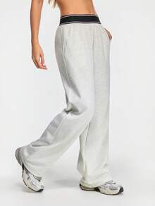 Eassivo Eassivo 女士撞色腰带口袋阔腿宽松运动裤 - 淺灰色 - 查看 4