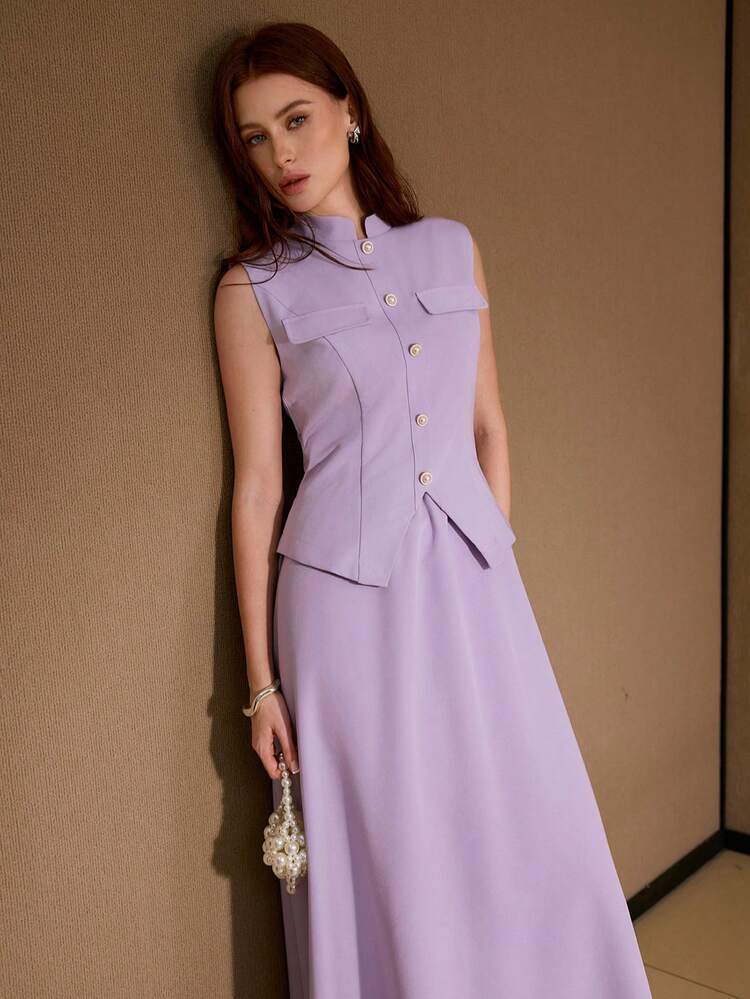 WOMEN BUTTON DECOR SLEEVELESS DRESS
