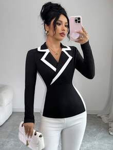 Elenzga 女士优雅修身针织拼接撞色翻领上衣/T恤，适合秋季、万圣节、圣诞节穿着。 - 黑與白 - 查看 6
