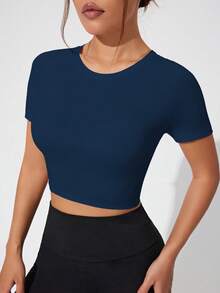 Dewbera 白色网眼拼接短袖运动T恤 - 藏蓝色 - 查看 5