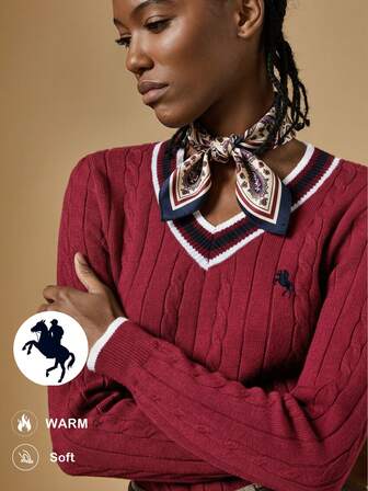 Briarwyn Fashionable Casual Embroidered Cable Knit V-Neck Christmas Sweater For Women,Winter Clothes,Preppy Style ,New Year Clothes,Red Sweater, Old Money Style Women