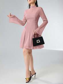 Heiryn Women's Solid Color Stand Collar Raglan Flare Sleeve Ruched Waist Elegant Mini Dress - Pink - View 4
