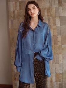 MOTF PREMIUM Áo cánh dơi tay cánh dơi trang trí tua rua đính đá - Màu xanh lam - Xem 4