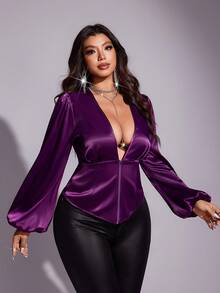 Viva Relle Áo sơ mi tay dài cổ chữ V màu trơn giản dị lãng mạn thanh lịch cỡ lớn - Màu tím - Xem 2