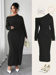Elenzga 女士加大码宽松长袖毛衣连衣裙，露肩设计，休闲外套，大码，秋冬款 - 黑色 - 查看 6