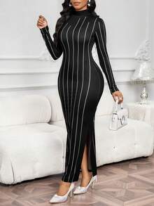 SHEIN Lady 女士时尚通勤条纹印花侧开衩修身长裙 - 黑色 - 查看 6
