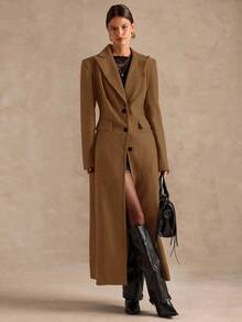 SHEIN BAE Áo khoác dài cao cấp, thắt eo màu trơn, thời trang thu/đông - Lạc đà - Xem 5