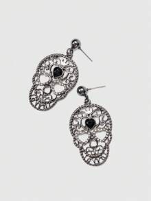 ROMWE Goth 1 对哥特式女士时尚耳环 - 镂空金属骷髅头设计镶嵌水钻，适合时尚派对、万圣节和日常佩戴 - 槍黑色 - 查看 3