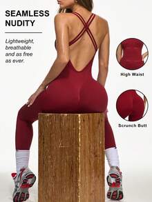 Eassivo Eassivo Burgundy Seamless Long Jumpsuit For Women Sleeveless Square Neck High Waist Lightweight Breathable Backless Design - Burgundy - View 1
