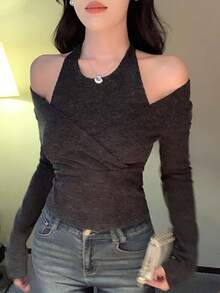 DAZY Áo thun nữ tay dài cổ yếm trơn màu 2 trong 1, phong cách thanh lịch cho mùa thu/đông - Xám - Xem 2