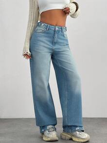 EURMUSE 100 COTTON HIGH WAIST BUTTON DETAILED WIDE LEG Low Rise Jeans Y2k Casual Oversized Loose Baggy Everyday Holiday Light Blue Summer - Medium Wash - View 8