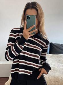 DAZY 女士休闲通勤V领套头毛衣，撞色条纹图案，秋冬季 - 彩色 - 查看 3