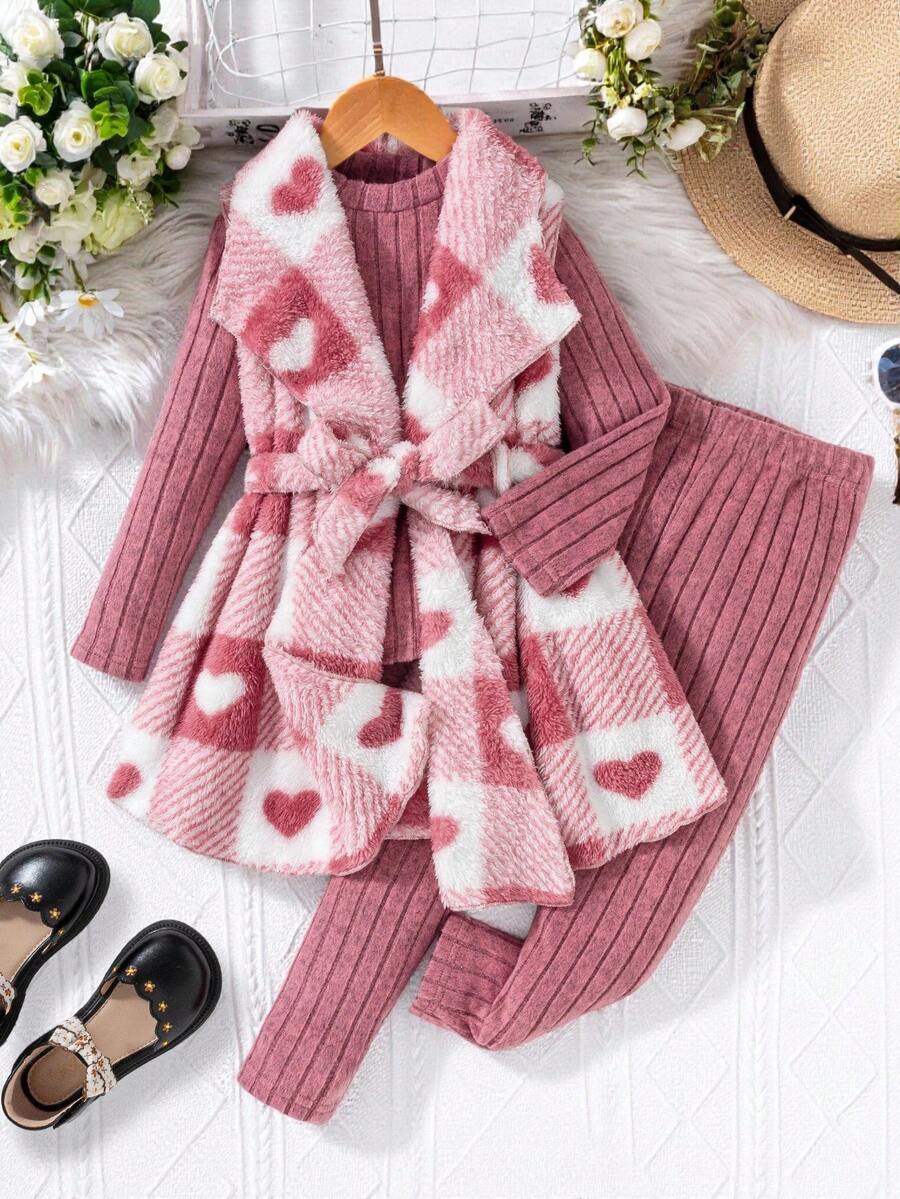SHEIN Elladie kids 女童休闲罗纹上衣、裤子和背心三件套 - 粉色 - 查看 1