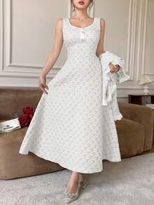 Modelyn Embossed Ruffle Front Button Long Sleeve Jacket And Sleeveless Dress Elegant 2 Pieces Set - Beige - View 6