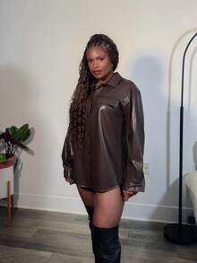 Tyla Gomez Women's Casual Solid Color Shirt, Versatile For Autumn - Brown - View 4