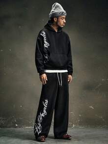 AXEPEAK Men's Autumn And Winter 2 Pieces Sweatshirt Set With English Letters Embroidered Towel And Drawstring Design - Black - View 4