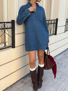 Muchica 女士休闲牛仔连衣裙，翻领带口袋，长袖，秋季款 - 中等水洗藍 - 查看 7