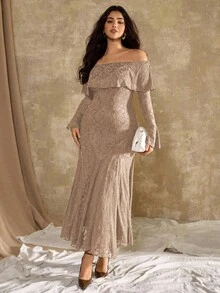 Roveilla Váy đuôi cá hở vai họa tiết hoa mẫu đơn kiểu Pháp cỡ lớn dành cho nữ - Màu be - Xem 4