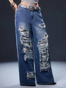 ROMWE Avant Jeans de pierna ancha con diseño de parches de lentejuelas y desgastados, para fiesta - Azul - Ver 5