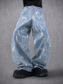 Manfinity Denimwave 秋冬季年轻街头风浅蓝色阔腿破洞3D印花牛仔裤 - 藍色 - 查看 4