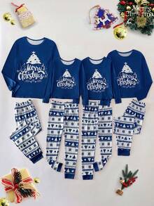 SHEIN 1 Conjunto de pijamas ajustados para niño con motivo navideño, parte superior de manga larga con gráfico de árbol de Navidad y texto "Feliz Navidad", Bottom a juego de unicolor con estampado de árbol de Navidad y copos de nieve, conjunto de ropa de dormir suave y cómoda - Multicolor - Ver 3