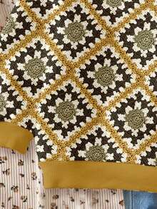 SHEIN 芥末黄，休闲复古仿菱形针织几何印花，女婴休闲简约宽松圆领舒适日常柔软针织长袖卫衣，适合秋冬季穿着 - 彩色 - 查看 4