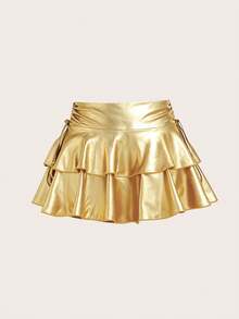 SHEIN MOD Chân váy hai lớp thắt nơ rút dây thường ngày cho nữ, chất liệu PU, màu vàng - Vàng - Xem 2