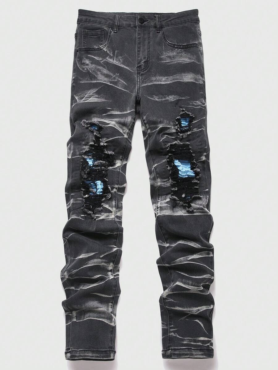 Chillumni Men's Fashion Distressed Slant Pocket Skinny Fit Jeans Slim Fit Black Street Hang Out Distressed Jeans For Boyfriend & Husband