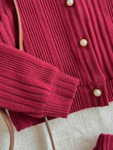 SHEIN 2pcs Young Girls Elegant School Style Christmas Red Striped Collared Cardigan And Mini Skirt Set,Perfect For Autumn,7th Birthday,Parties,Daily Wear - Red - View 6