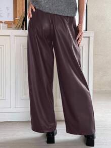 DAZY Women's Casual Solid Color PU Leather Wide Leg Pants, Autumn - Red Violet - View 2