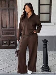 Easura 2pcs/Set Fashionable Casual French Retro Elegant Commuting Stand Collar Sweatshirt - Coffee Brown - View 7