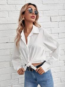 SHEIN Frenchy 纯色纽扣前襟衬衫、长袖上衣 - 白色 - 查看 5