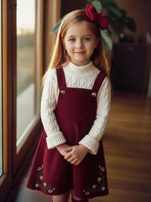 Emery Rose Kids Emery Rose Kids Young Girl Cute Casual Vintage Ditsy Floral Print Embroidery Overall Dress Without Tee ,Fall & Winter, Must-Have, Great For Casual & Daily Wear & School DailyVersatile. Red For Christmas ,For Holiday. - Red - View 4