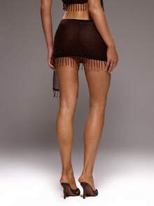 MUSERA 蕾丝流苏装饰修身垂褶迷你裙套装（仅下装）秋季性感优雅场合派对晚宴情人节假期春夏假日 - 巧克力棕 - 查看 5
