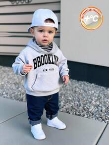 SHEIN 男婴保暖内衬卫衣，针织套头衫，休闲字母图案圆领长袖上衣，适合室内、室外、日常穿着、运动、聚会、秋冬季摄影等场合。 - 灰色 - 查看 3