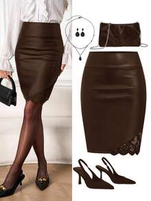 Ellevyn 女士优雅通勤纯色蕾丝拼接半身裙 - 摩卡棕 - 查看 10