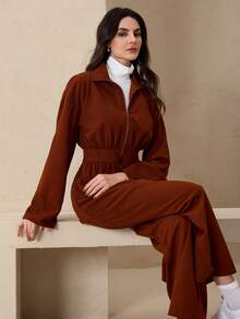Graceveil 女士休闲拉链喇叭裤阿拉伯风格套装，秋冬款 - 咖啡棕 - 查看 3