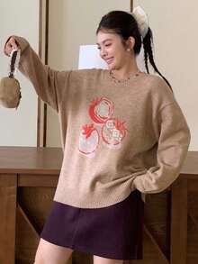 Dazy Plus Fashionable Girl's Casual Apple Jacquard Christmas & New Year Plus Size Women Pullover Sweater, Autumn/Winter - Khaki - View 4