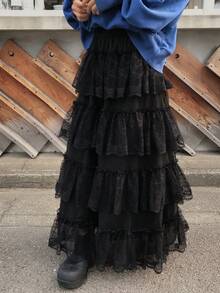 FRIFUL Women's Solid Color Elastic Waist Contrast Lace Pleated Skirt, Loose Casual Versatile Long Skirt, Autumn/Winter - Black - View 3