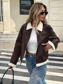 Serisse Women's Autumn Fashion PU Leather Zip-Up Borg Collar Jacket Winter Brown Casual