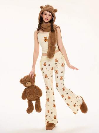 Kawaii 2pcs/Set Women Cute Bear Embroidered Lace Blouse And Bear All-Over Print Flare Pants Outfit