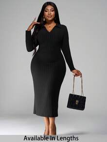 SHEIN PETITE CURVE 大码优雅休闲修身长袖V领红色连衣裙，适合秋冬季 - 黑色 - 查看 1