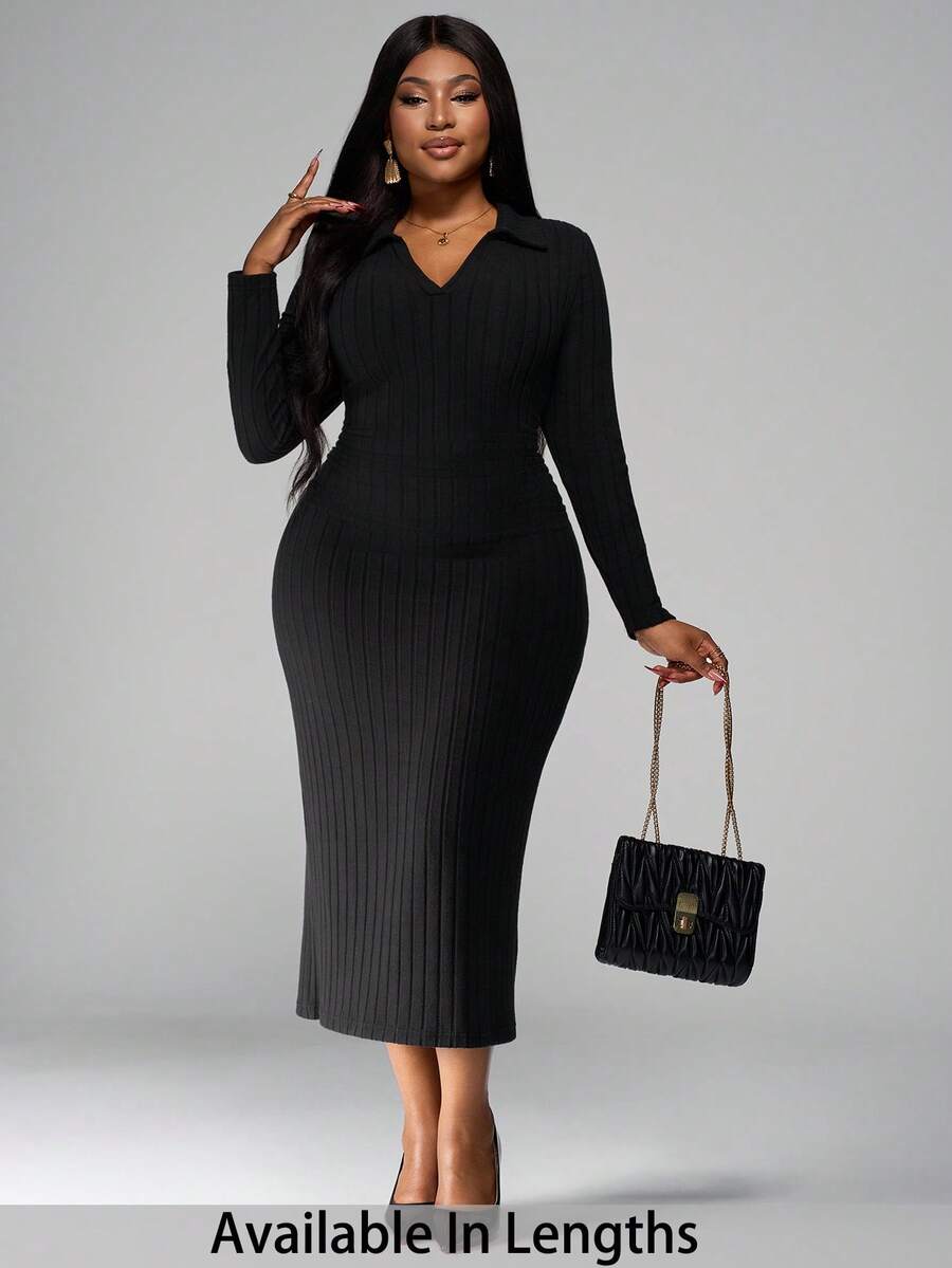 SHEIN PETITE CURVE 大码优雅休闲修身长袖V领红色连衣裙，适合秋冬季 - 黑色 - 查看 1