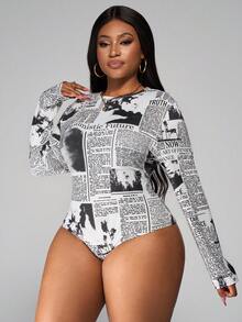 SHEIN PETITE CURVE Plus Size Newspaper Print Slim Fit Bodysuit - Multicolor - View 3