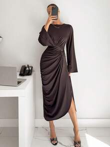 Siren Gaze Women's Dark Brown Elegant Long Sleeve Round Neck Flare Sleeve Pleated Side Slit Hem Fitted Dress,Autumn Fashionable Dining Chocolate Coffee Brown - Brown - View 4