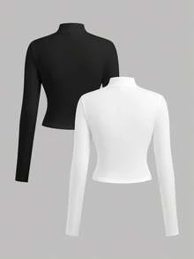 SHEIN Teen Girl Knight Print Long Sleeve Zip Collar Fitted T-Shirt - Black and White - View 2