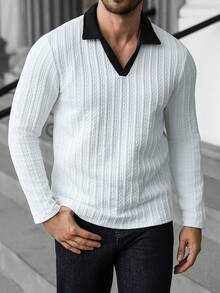 Manfinity CasualCool 1 pièce Polo à manches longues col en V avec bordure contrastée, décontracté pour homme, convient pour le printemps et l'automne, pour le golf. Chemise de luxe texturée noir et blanc