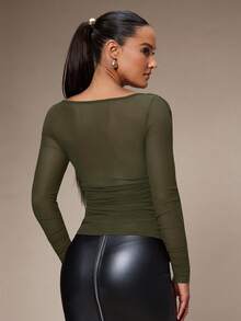 Silquee Áo thun tay dài phối lưới mỏng gợi cảm dành cho nữ, mùa thu - xanh quân đội - Xem 2