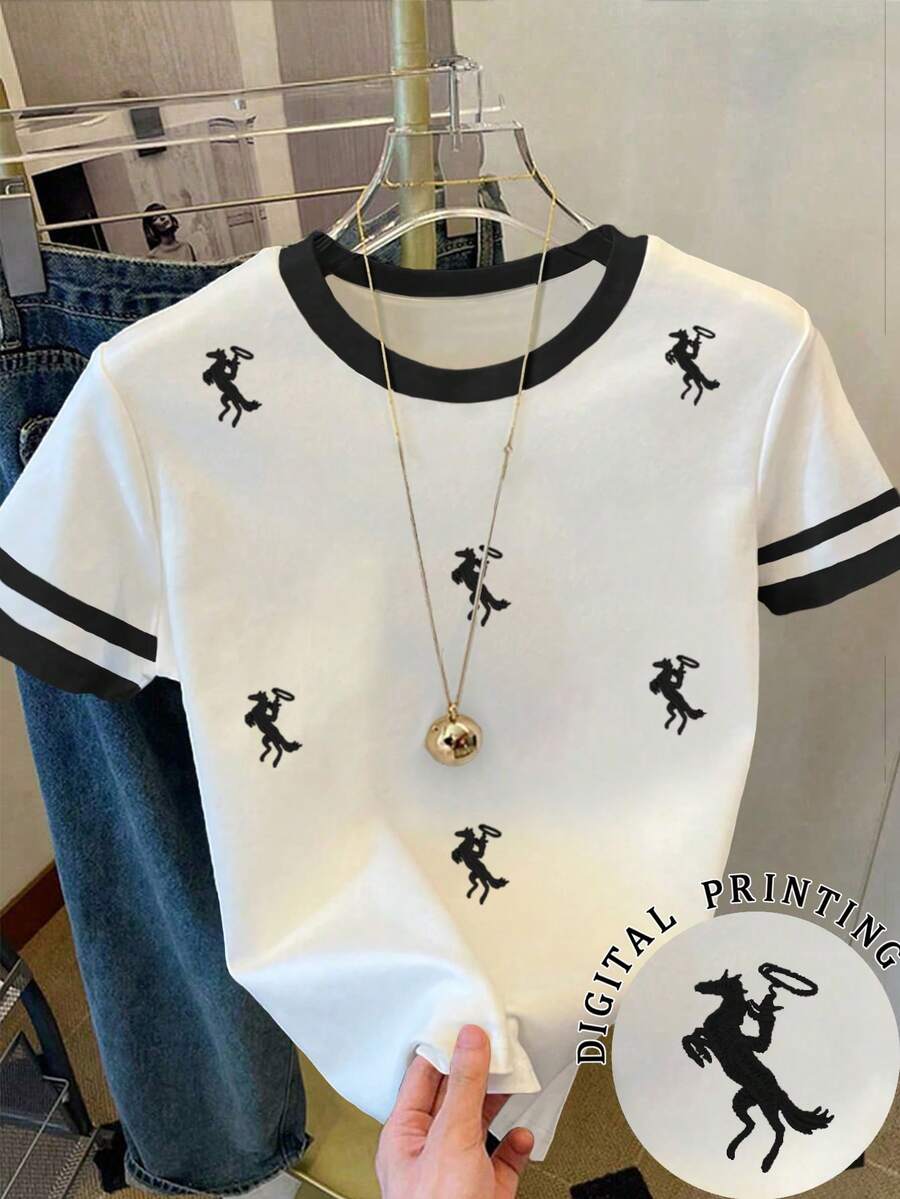 SHEIN Kaos Wanita Kasual Motif Blok Warna, Leher Bulat, Lengan Pendek - MultiWarna - View 1