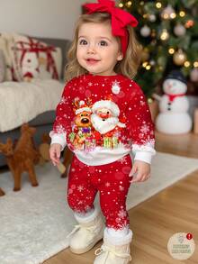 SHEIN Bộ quần áo nỉ dài tay cổ tròn dày mềm mại họa tiết Giáng sinh vui nhộn và dễ thương cho bé gái, hình tuần lộc, ông già Noel, bông tuyết ombre, màu đỏ Giáng sinh, thích hợp cho mùa thu/đông Giáng sinh - Nhiều màu - Xem 1